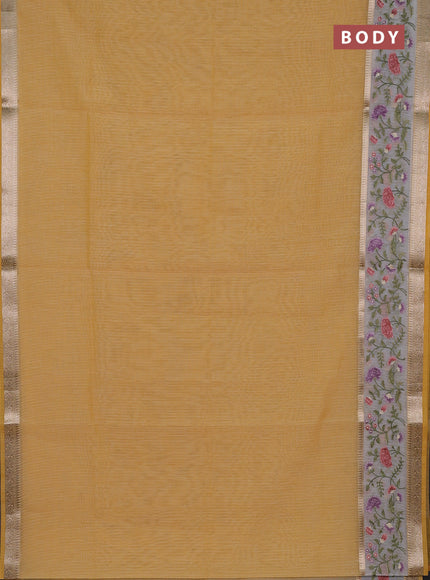 Kota saree yellow and off white with plain body and embroidery work border