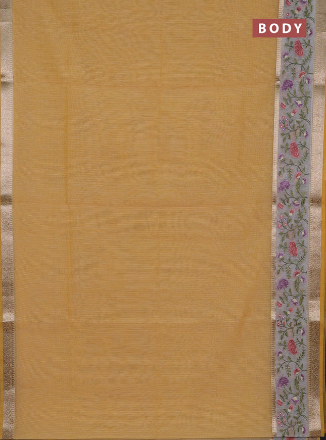 Kota saree yellow and off white with plain body and embroidery work border