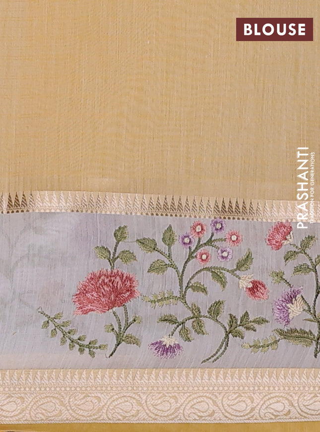 Kota saree yellow and off white with plain body and embroidery work border