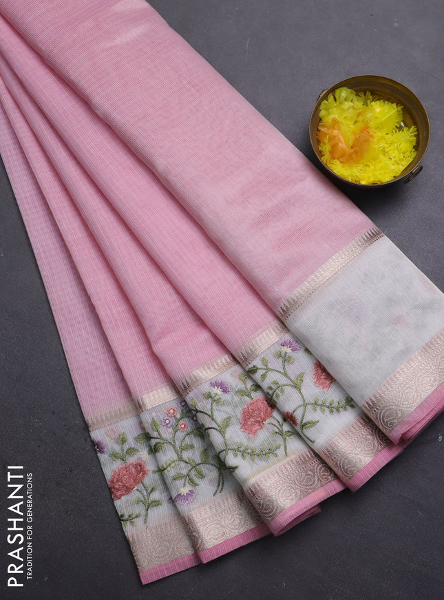 Kota saree light pink and off white with plain body and embroidery work border