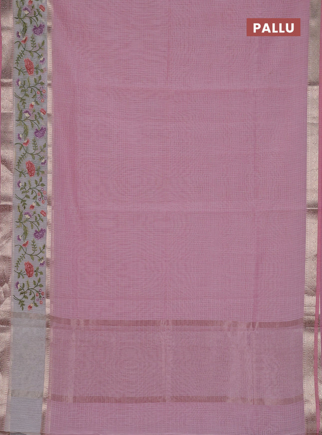 Kota saree light pink and off white with plain body and embroidery work border