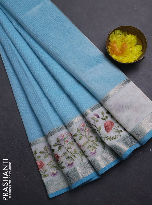 Kota saree light blue and off white with plain body and embroidery work border