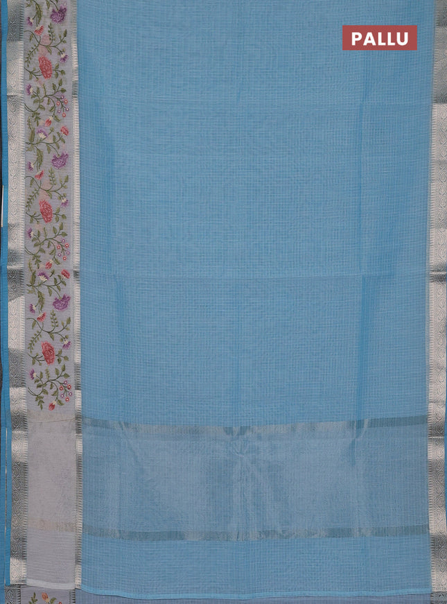 Kota saree light blue and off white with plain body and embroidery work border