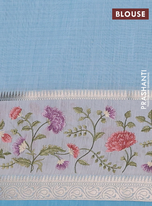 Kota saree light blue and off white with plain body and embroidery work border