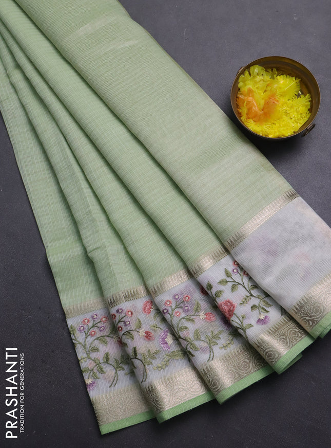 Kota saree pista green and off white with plain body and embroidery work border