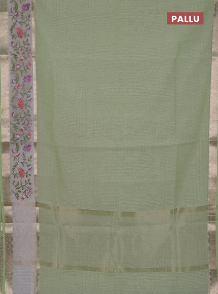 Kota saree pista green and off white with plain body and embroidery work border