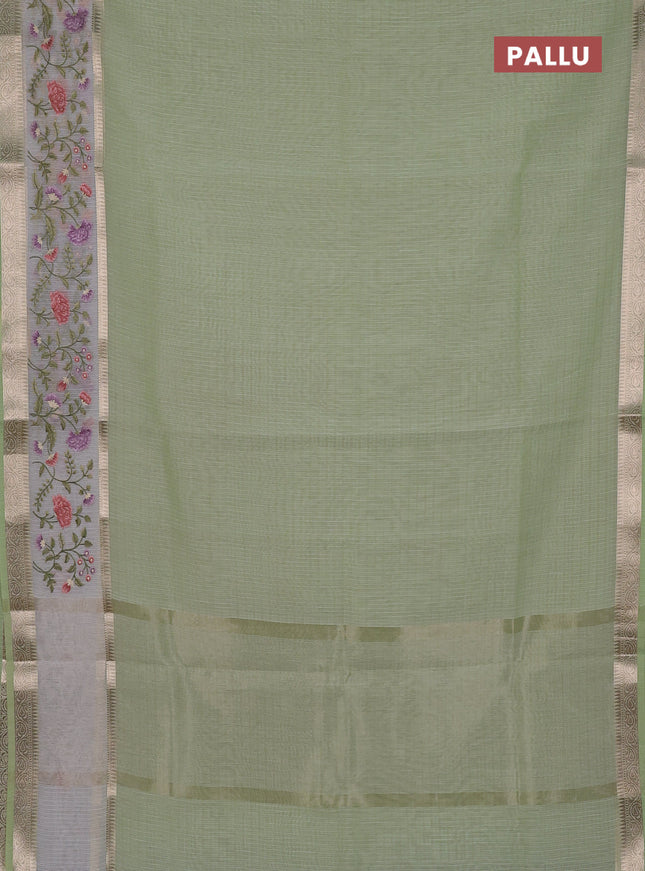 Kota saree pista green and off white with plain body and embroidery work border