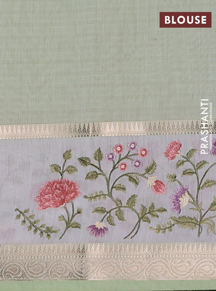 Kota saree pista green and off white with plain body and embroidery work border