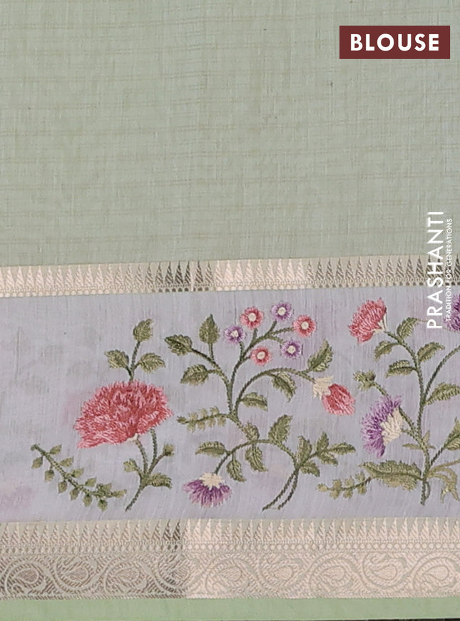 Kota saree pista green and off white with plain body and embroidery work border