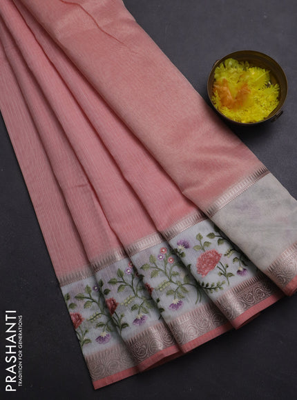 Kota saree peach shade and off white with plain body and embroidery work border