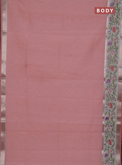 Kota saree peach shade and off white with plain body and embroidery work border