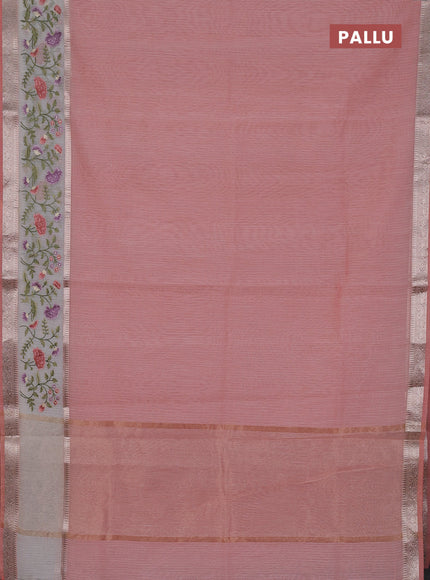 Kota saree peach shade and off white with plain body and embroidery work border