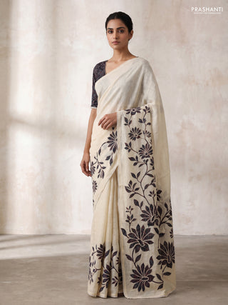 Semi linen tissue saree cream and black with kalamkari applique work and crocia lace work border