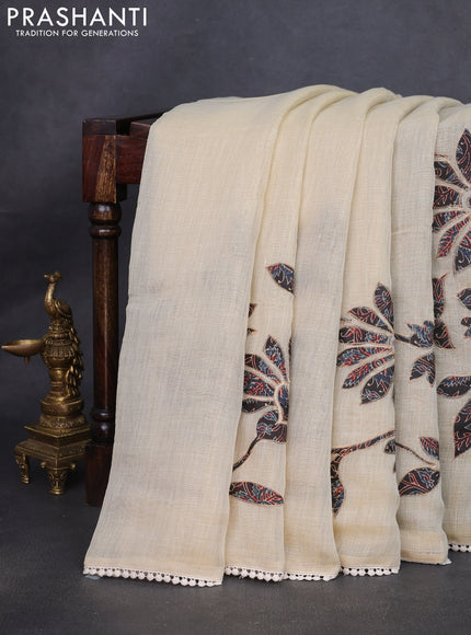 Semi linen tissue saree cream and black with kalamkari applique work and crocia lace work border