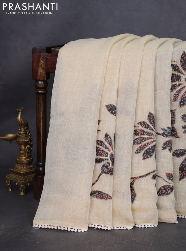 Semi linen tissue saree cream and black with kalamkari applique work and crocia lace work border
