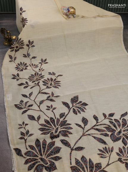 Semi linen tissue saree cream and black with kalamkari applique work and crocia lace work border