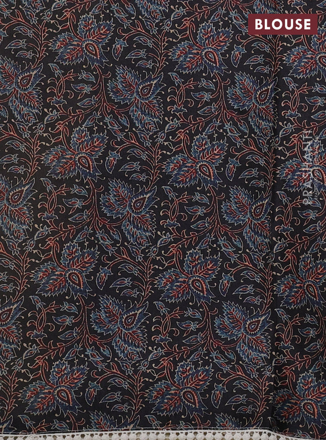 Semi linen tissue saree cream and black with kalamkari applique work and crocia lace work border