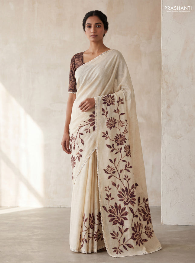 Semi linen tissue saree cream and coffee brown with kalamkari applique work and crocia lace work border