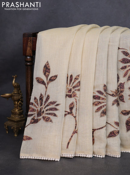 Semi linen tissue saree cream and coffee brown with kalamkari applique work and crocia lace work border
