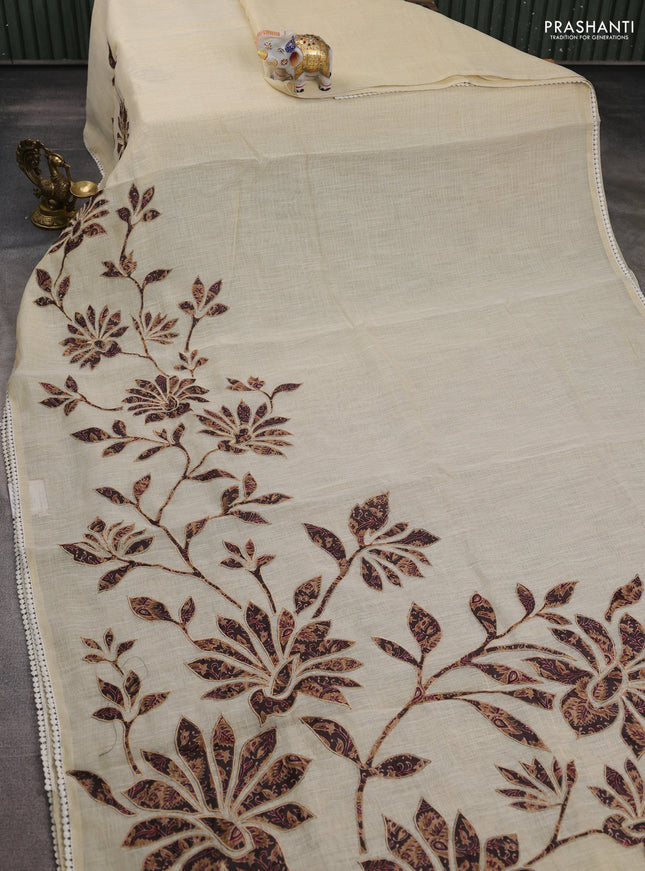 Semi linen tissue saree cream and coffee brown with kalamkari applique work and crocia lace work border