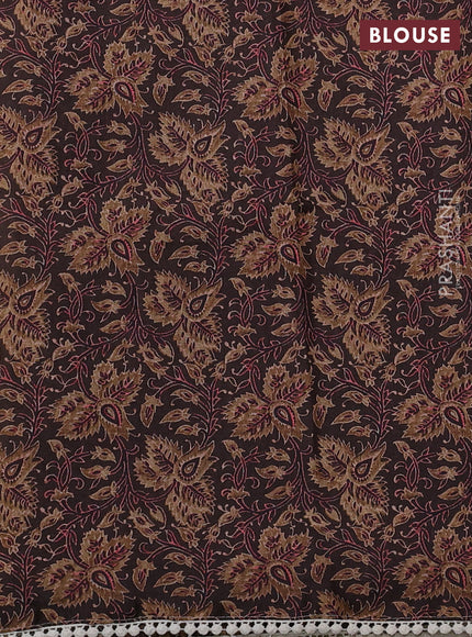 Semi linen tissue saree cream and coffee brown with kalamkari applique work and crocia lace work border