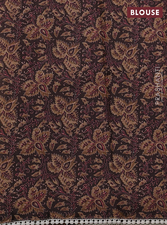 Semi linen tissue saree cream and coffee brown with kalamkari applique work and crocia lace work border