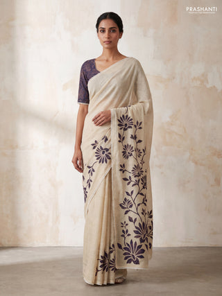 Semi linen tissue saree cream and jamun shade with kalamkari applique work and crocia lace work border
