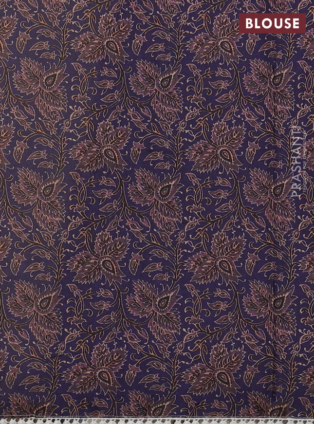 Semi linen tissue saree cream and jamun shade with kalamkari applique work and crocia lace work border