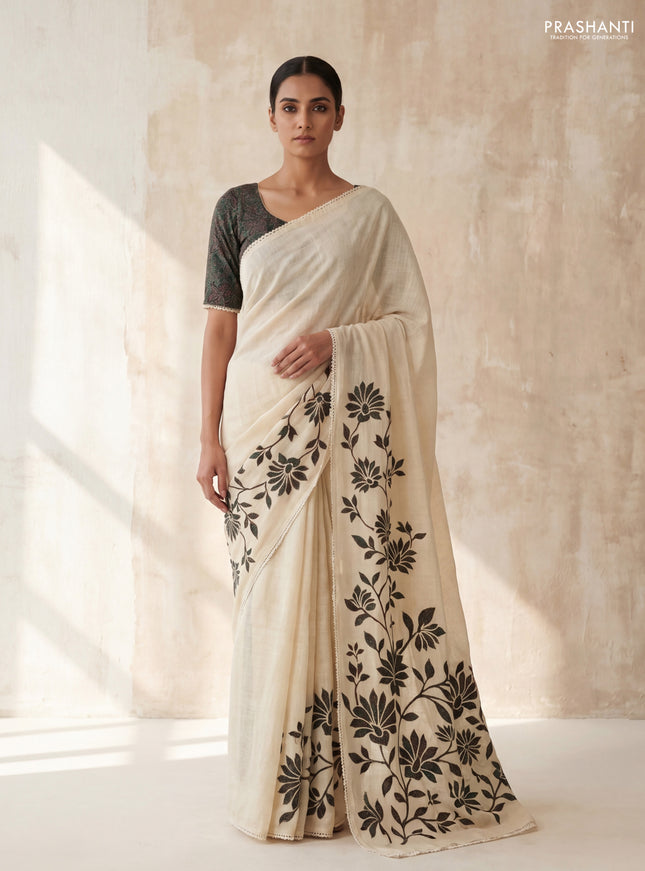 Semi linen tissue saree cream and green with kalamkari applique work and crocia lace work border