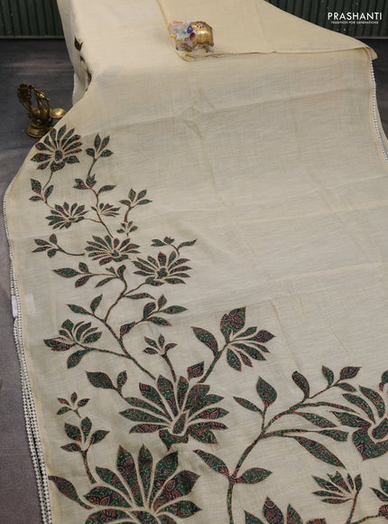 Semi linen tissue saree cream and green with kalamkari applique work and crocia lace work border