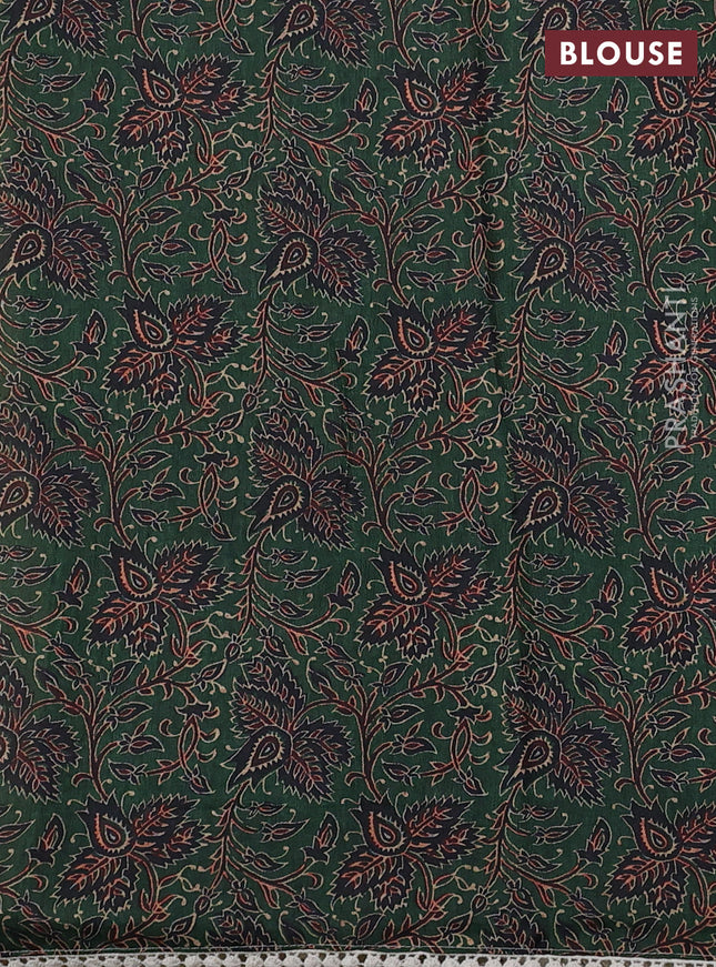 Semi linen tissue saree cream and green with kalamkari applique work and crocia lace work border