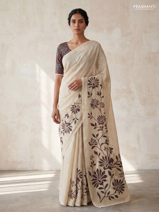 Semi linen tissue saree cream and deep maroon with kalamkari applique work and crocia lace work border