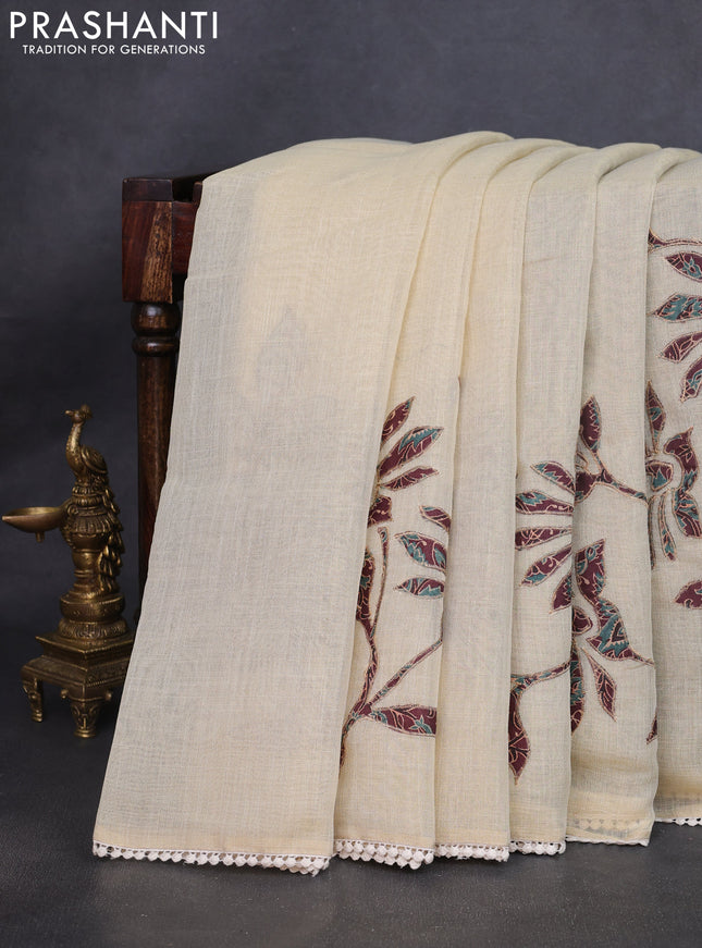 Semi linen tissue saree cream and deep maroon with kalamkari applique work and crocia lace work border