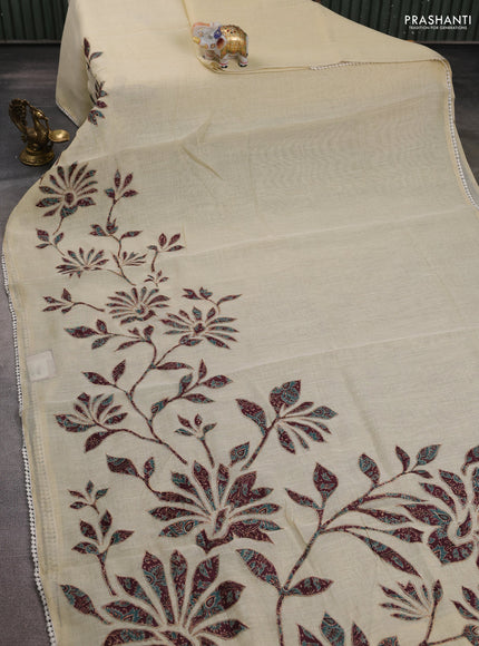 Semi linen tissue saree cream and deep maroon with kalamkari applique work and crocia lace work border