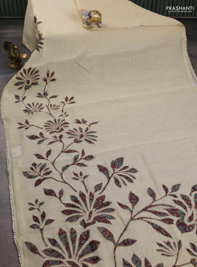 Semi linen tissue saree cream and deep maroon with kalamkari applique work and crocia lace work border