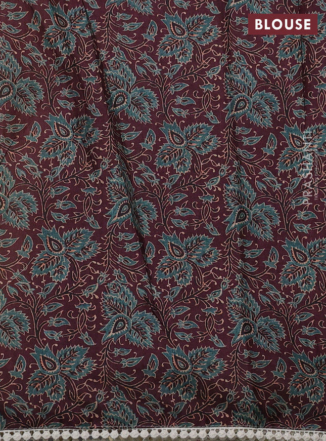 Semi linen tissue saree cream and deep maroon with kalamkari applique work and crocia lace work border