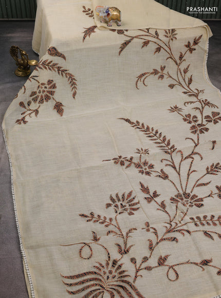 Semi linen tissue saree cream and deep jamun with applique work and crocia lace work border