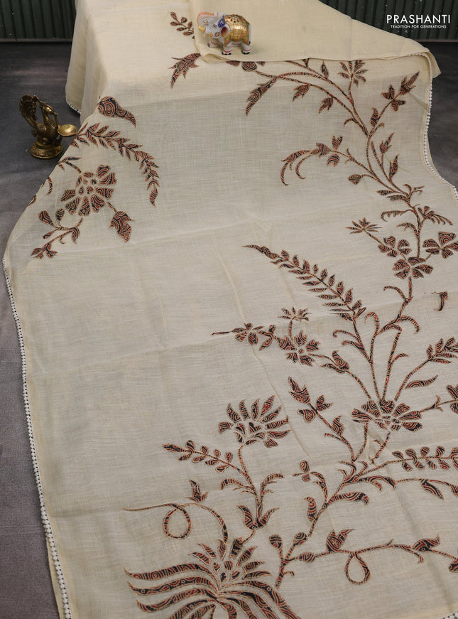 Semi linen tissue saree cream and deep jamun with applique work and crocia lace work border