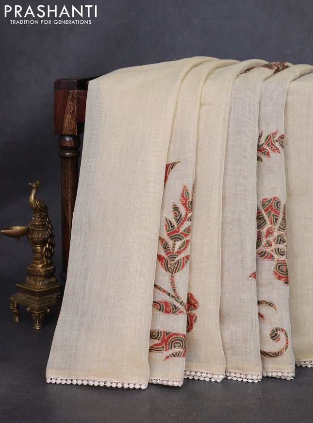 Semi linen tissue saree cream and rustic orange with applique work and crocia lace work border