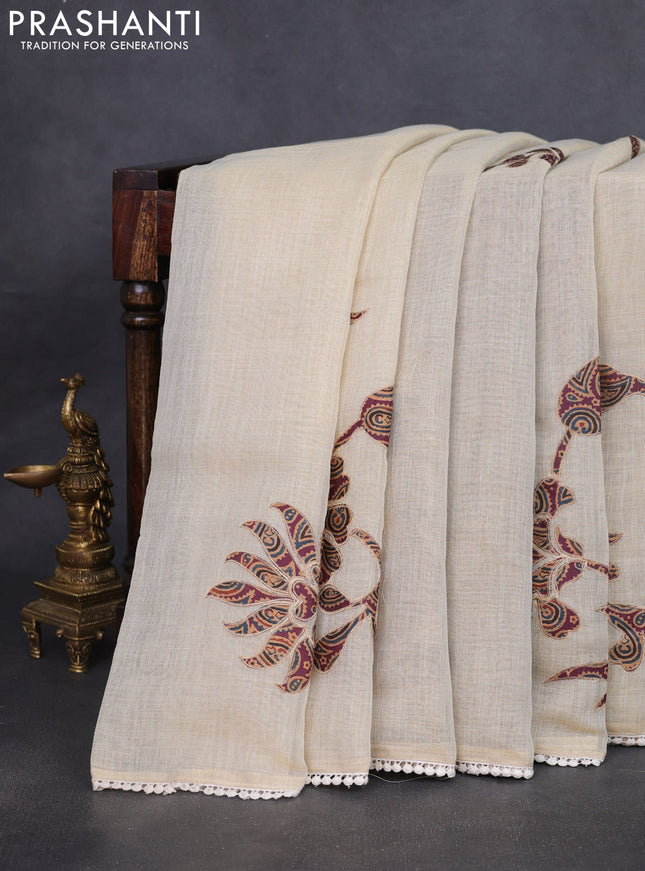 Semi linen tissue saree cream and wine shade with applique work and crocia lace work border