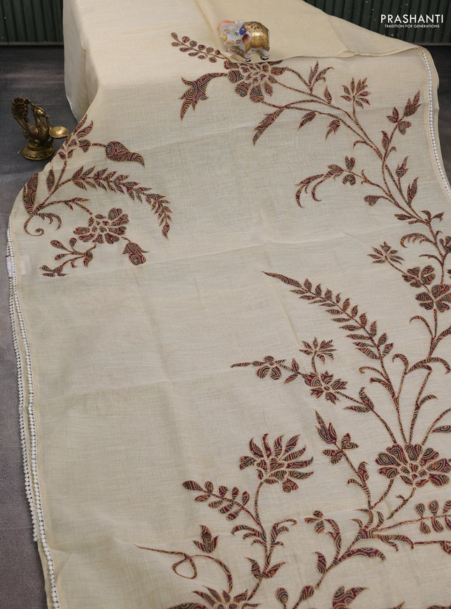 Semi linen tissue saree cream and wine shade with applique work and crocia lace work border