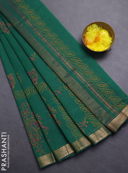 Mangalagiri cotton block printed saree green with butta prints and mangalgiri border