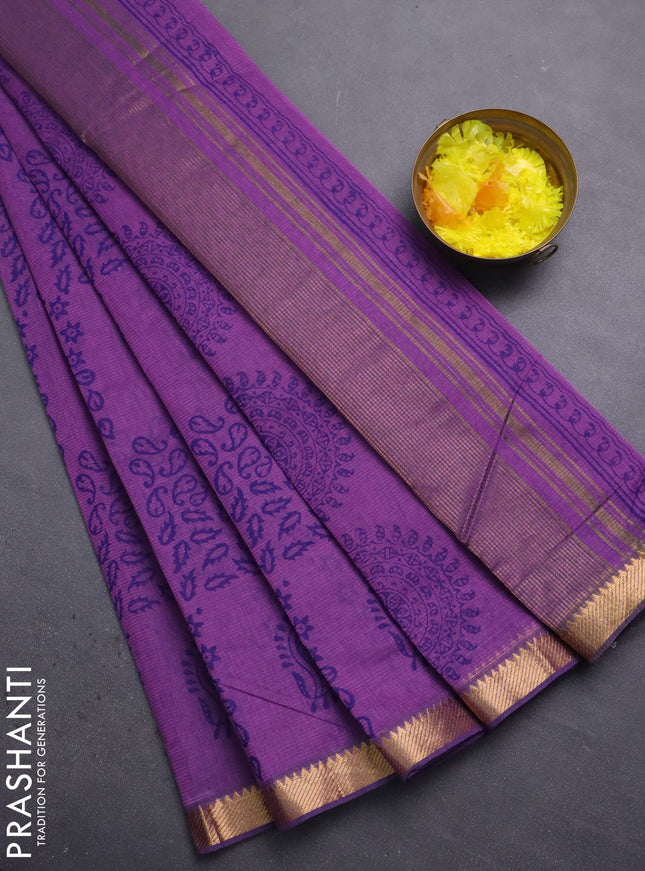 Mangalagiri cotton block printed saree purple with allover prints and mangalgiri border