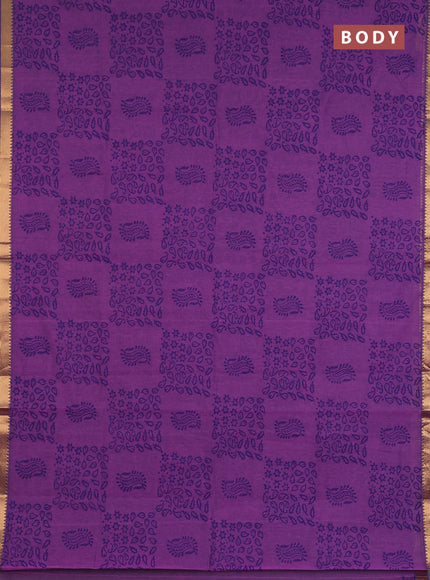 Mangalagiri cotton block printed saree purple with allover prints and mangalgiri border