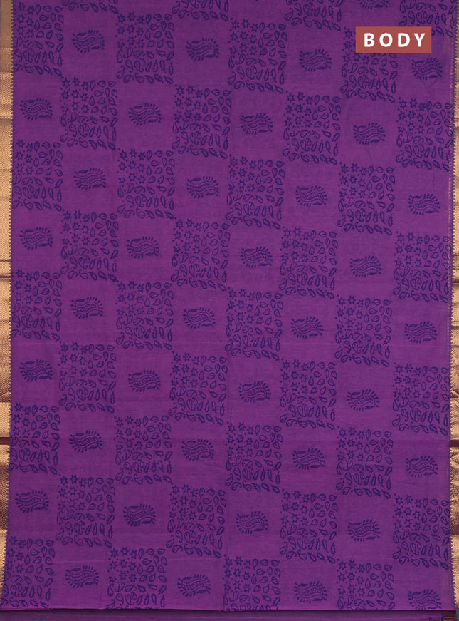 Mangalagiri cotton block printed saree purple with allover prints and mangalgiri border