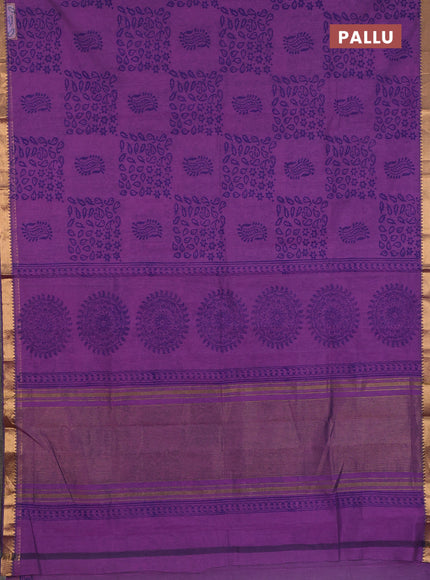 Mangalagiri cotton block printed saree purple with allover prints and mangalgiri border