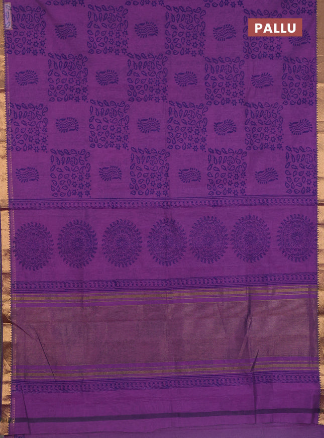Mangalagiri cotton block printed saree purple with allover prints and mangalgiri border