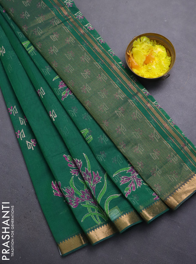 Mangalagiri cotton block printed saree green with butta prints and mangalgiri border