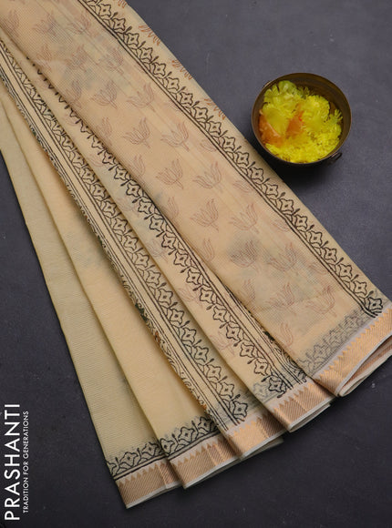 Mangalagiri cotton block printed saree pale yellow with floral butta prints and mangalgiri border