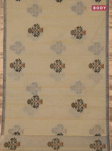 Mangalagiri cotton block printed saree pale yellow with floral butta prints and mangalgiri border